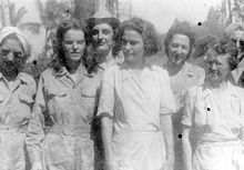 Army Nurses in Santo Tomas, 1943. Left to right: Bertha Dworsky; Sallie Durrett; Earlene Black; Jean Kennedy; Louise Anchieks; Millei Dalton.