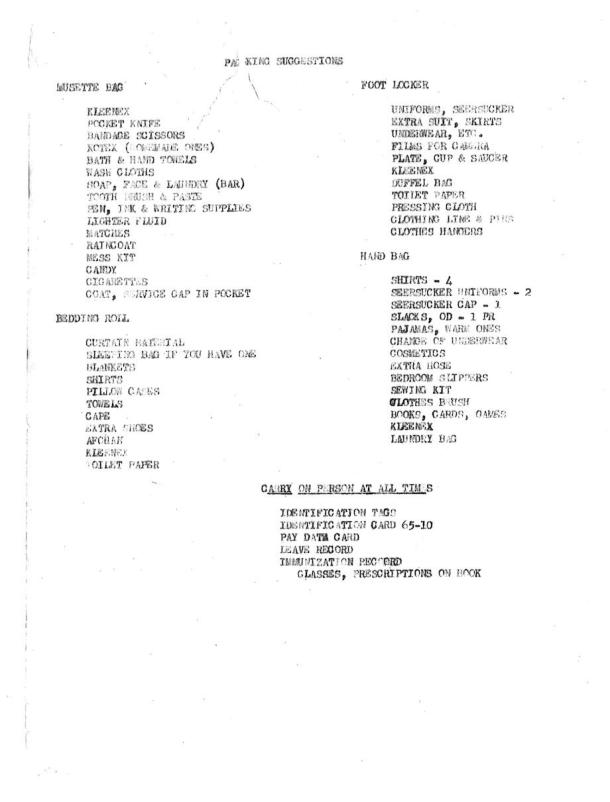 Listed Packing Suggestions for Army Nurses in 1944.